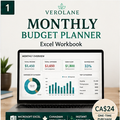 Verolane Monthly Budget Planner Excel workbook cover with Canadian pricing and dashboard preview.