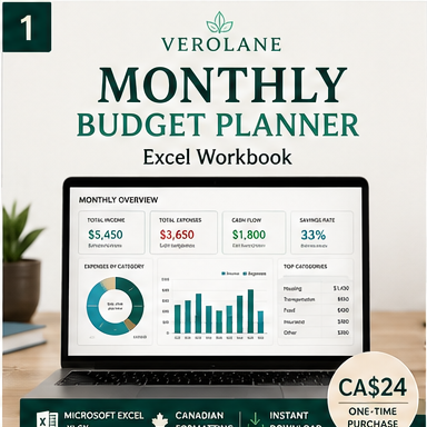 Verolane Monthly Budget Planner Excel workbook cover with Canadian pricing and dashboard preview.