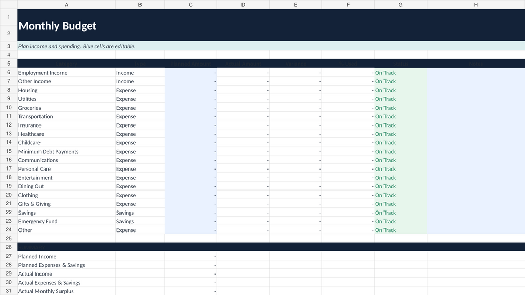 Verolane monthly budget worksheet showing planned income, expenses, savings, and category totals.