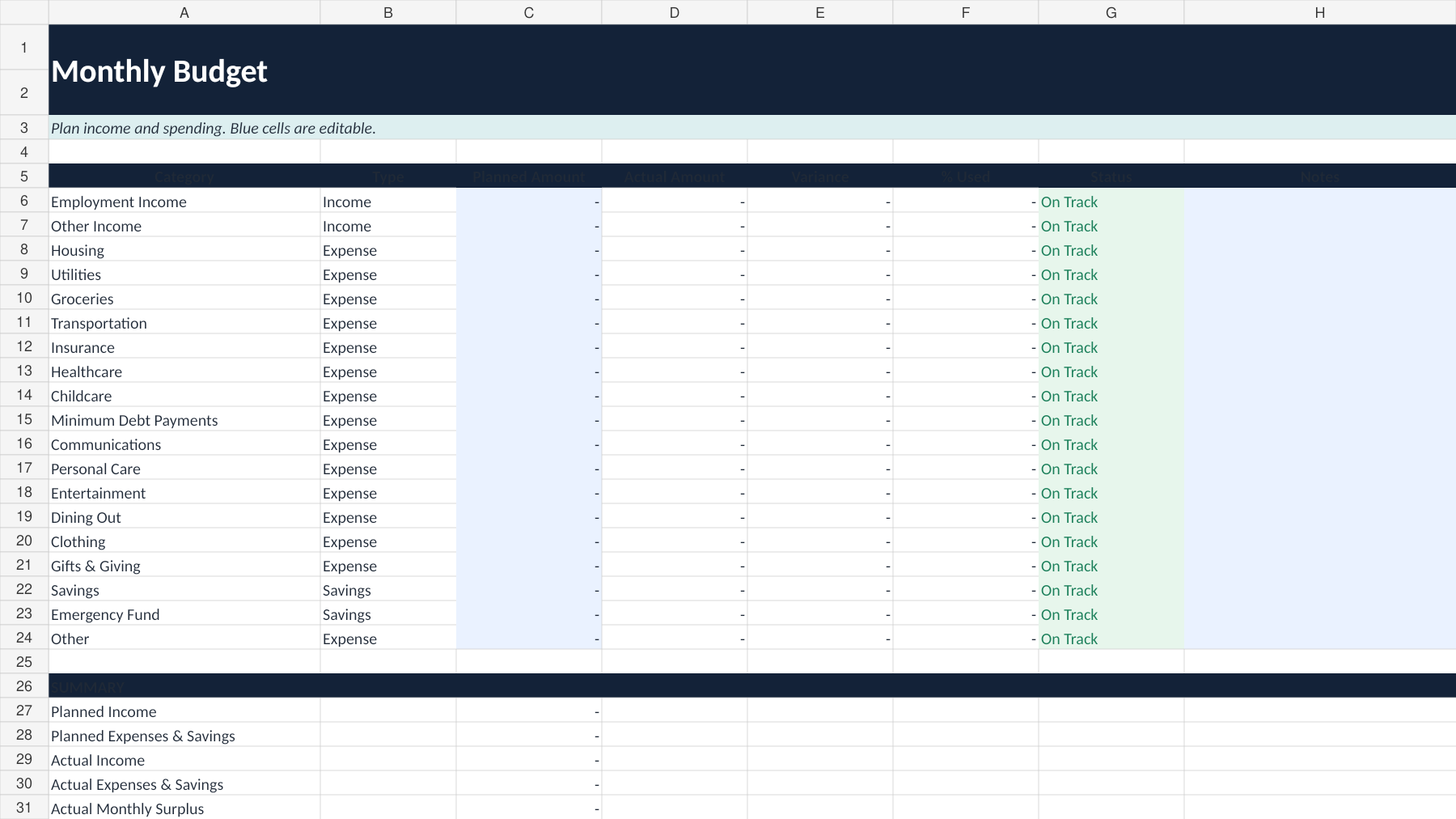 Verolane monthly budget worksheet showing planned income, expenses, savings, and category totals.