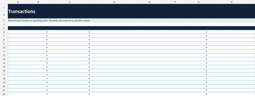 Verolane transaction tracker for recording income, expenses, and savings in Microsoft Excel.