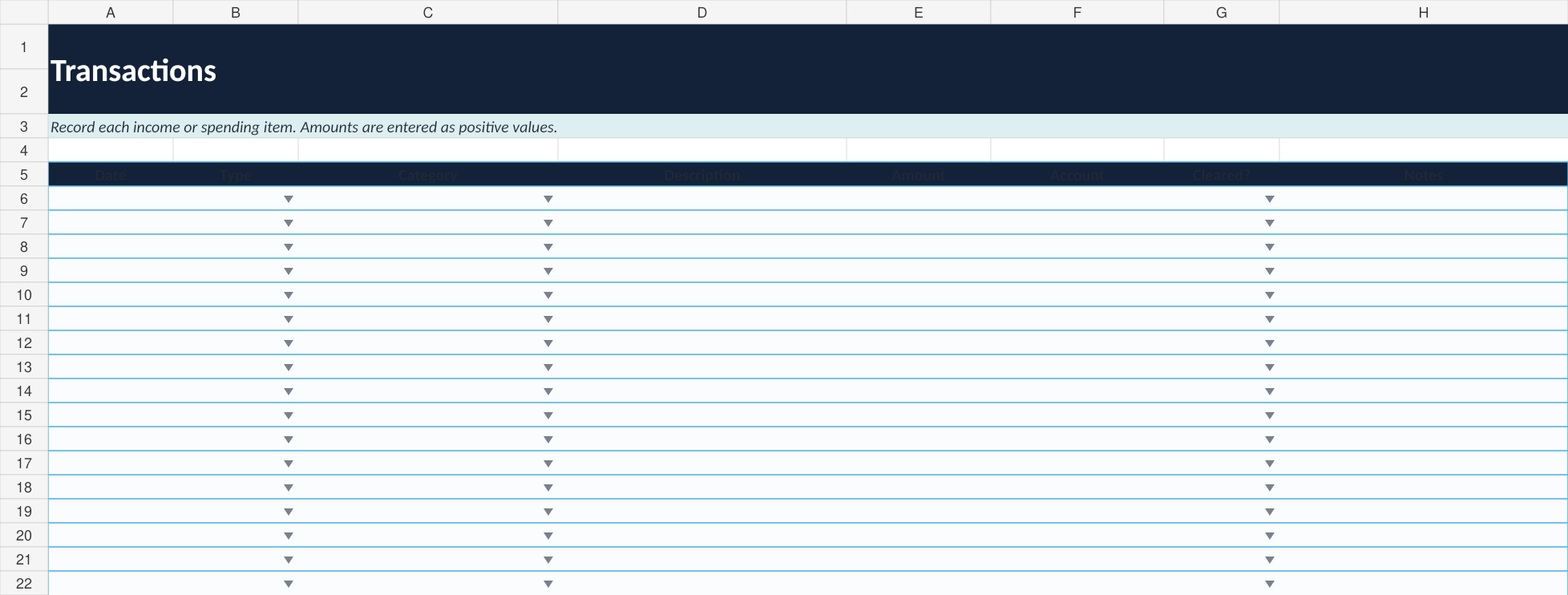 Verolane transaction tracker for recording income, expenses, and savings in Microsoft Excel.