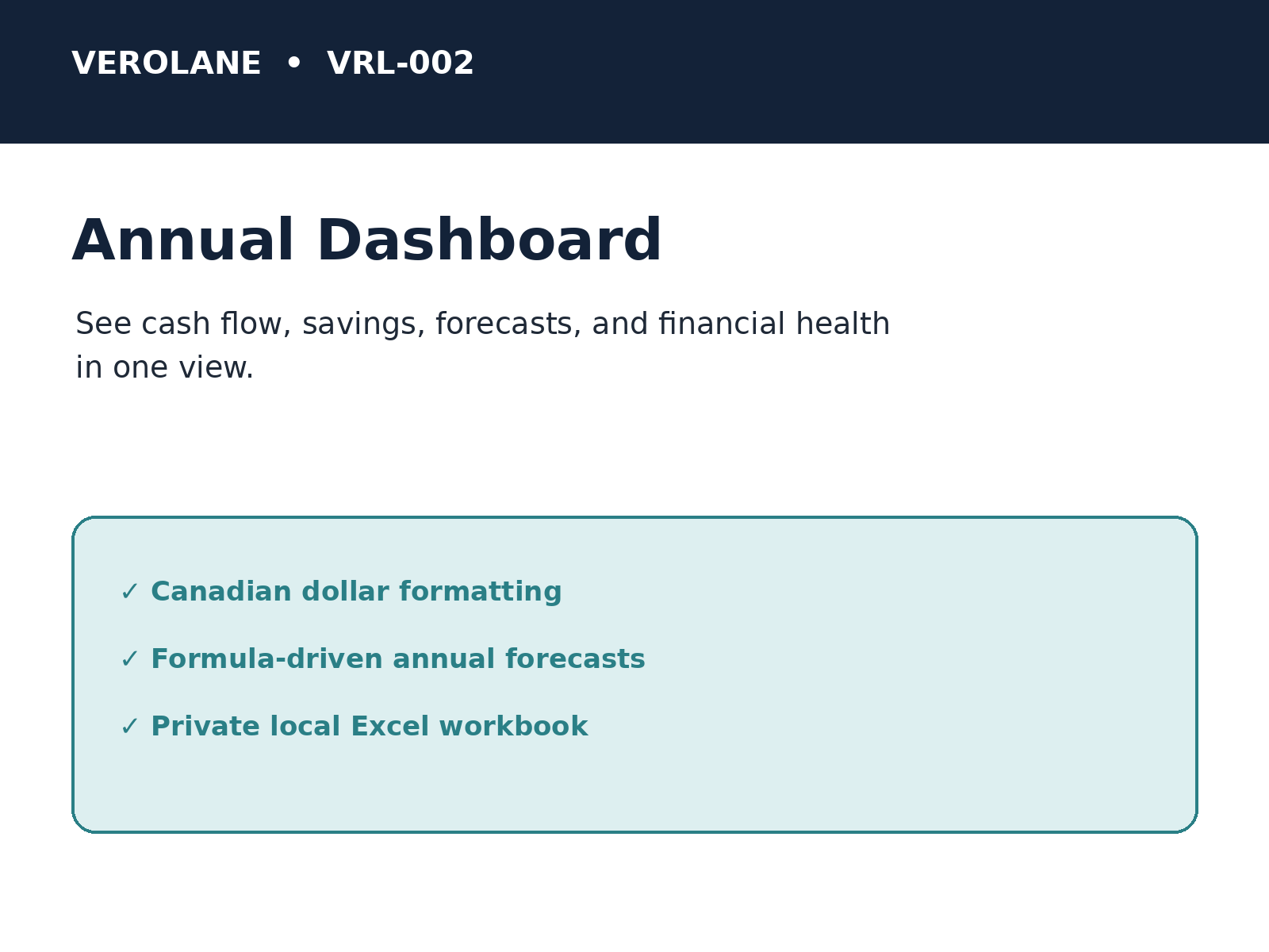 Verolane annual cash flow planning workbook preview with monthly and quarterly views.