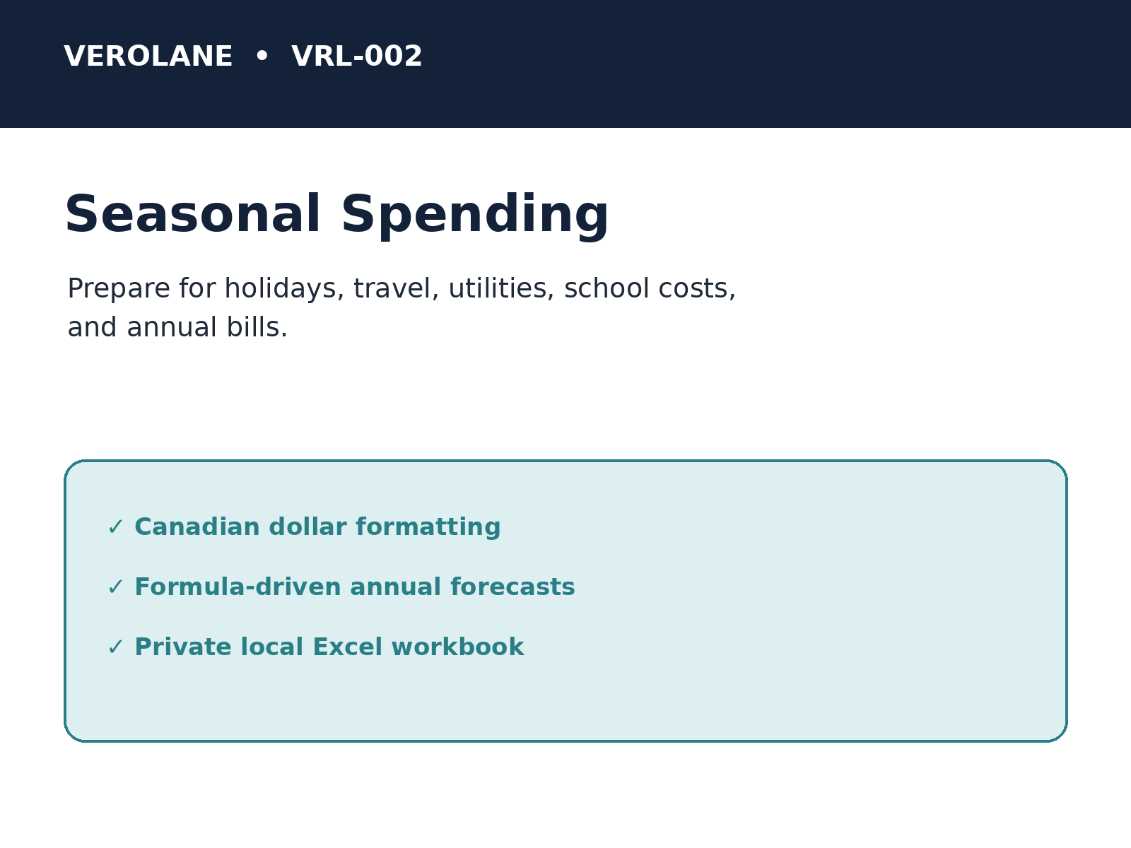 Verolane annual financial forecast spreadsheet designed for seasonal and irregular expenses.