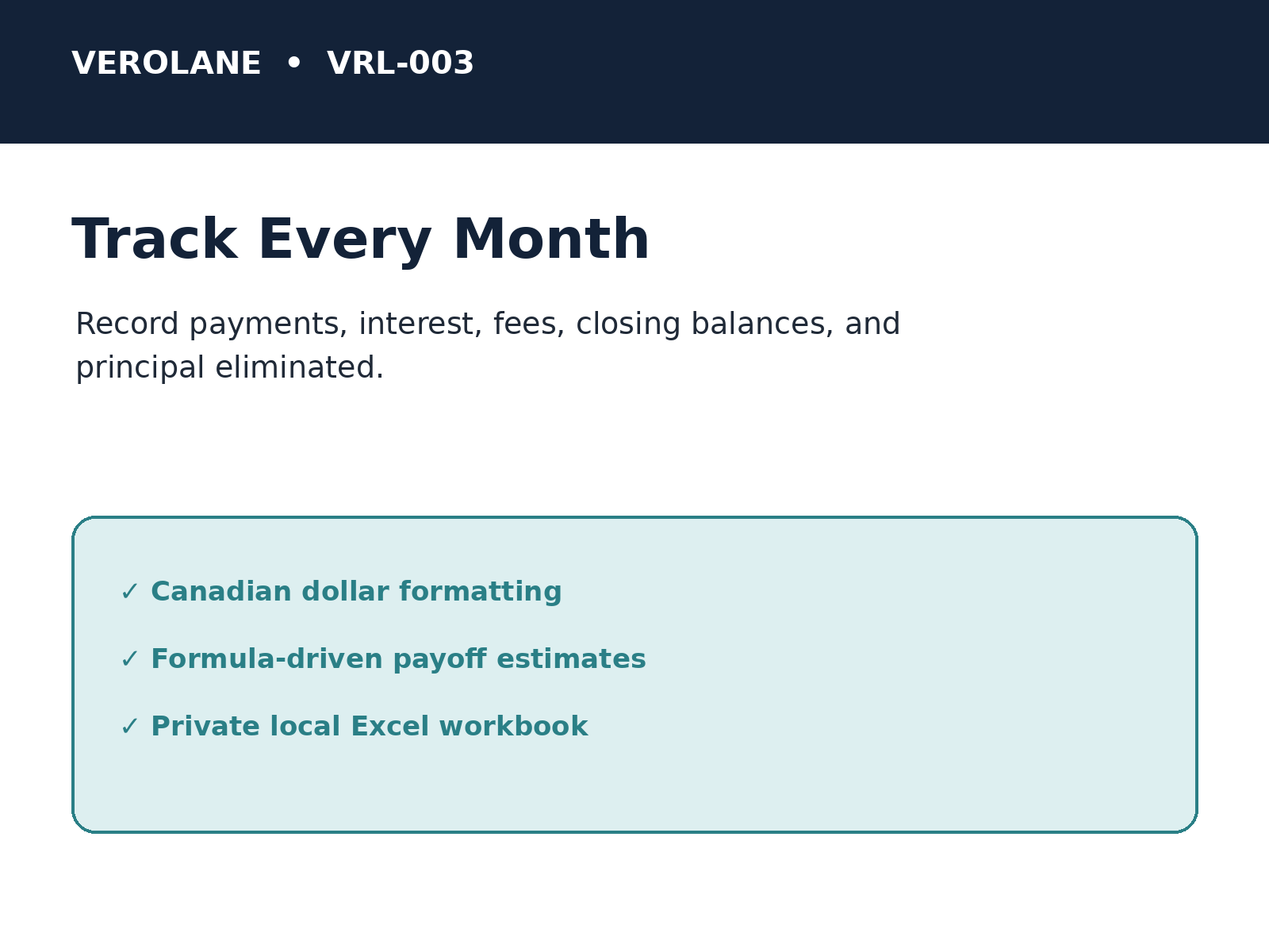 Verolane debt payoff dashboard with balances, estimated payoff dates, and progress tracking.