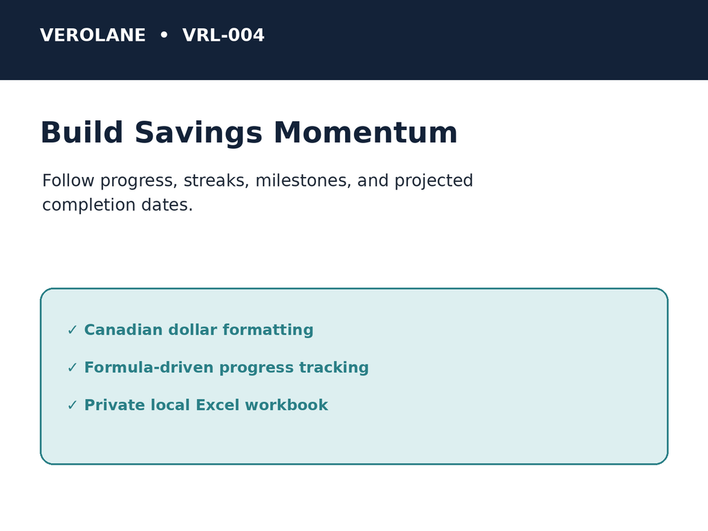 Verolane Savings Goals Planner calendar and savings progress workbook preview.