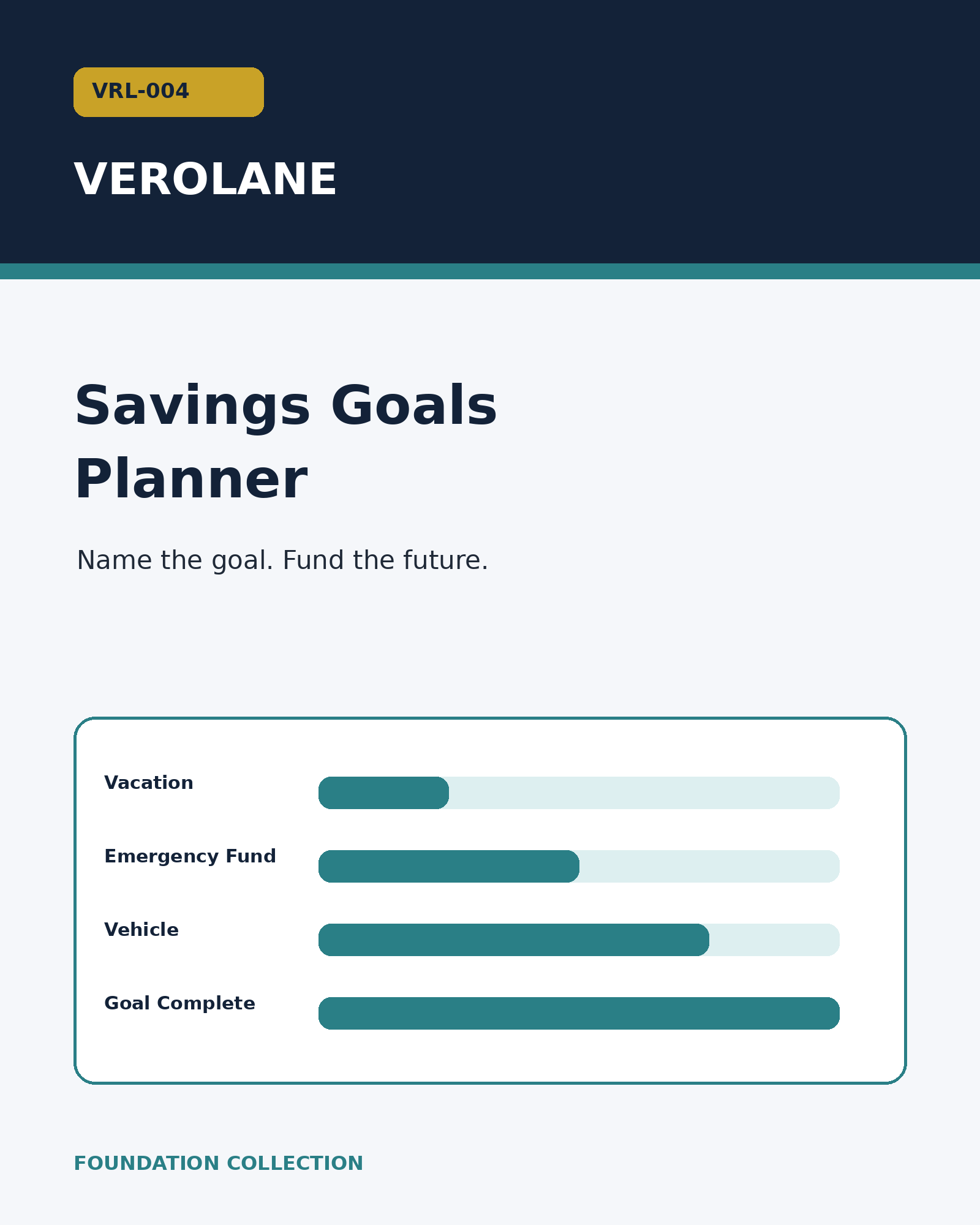 Verolane Savings Goals Planner product cover in the Verolane green brand design.
