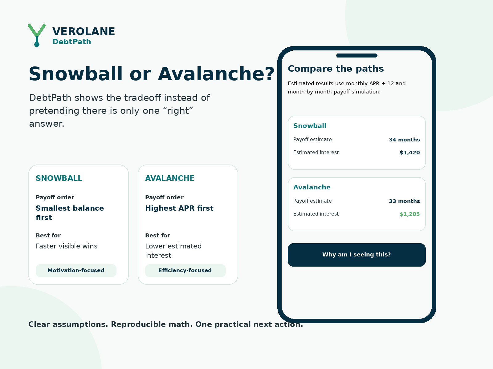 DebtPath comparison of Debt Snowball and Debt Avalanche payoff strategies with transparent payoff estimates