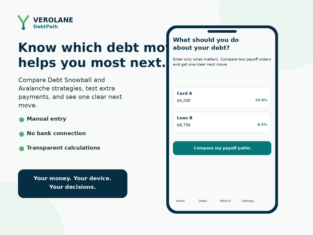 Verolane DebtPath debt payoff planner showing Snowball and Avalanche comparison and privacy-first manual entry