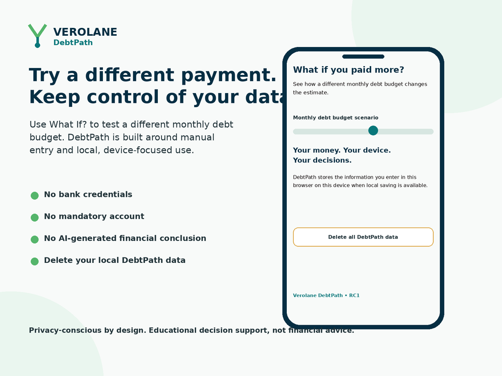 DebtPath What If payment scenario and privacy controls including no bank connection and local data deletion