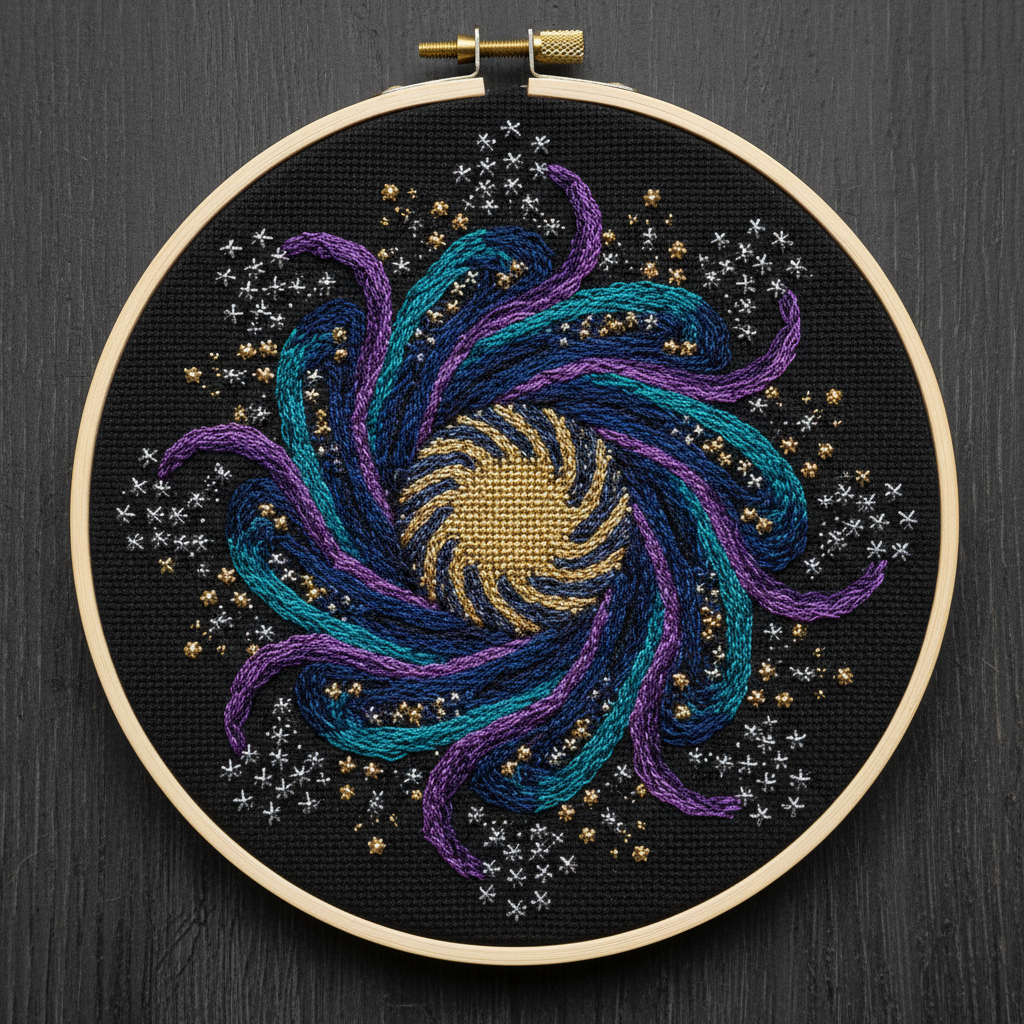 Galactic Mandala nebula-themed cross stitch pattern in hoop