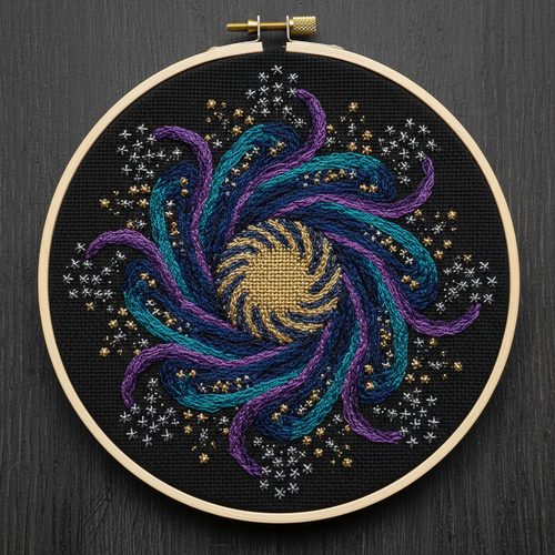 Galactic Mandala nebula-themed cross stitch pattern in hoop