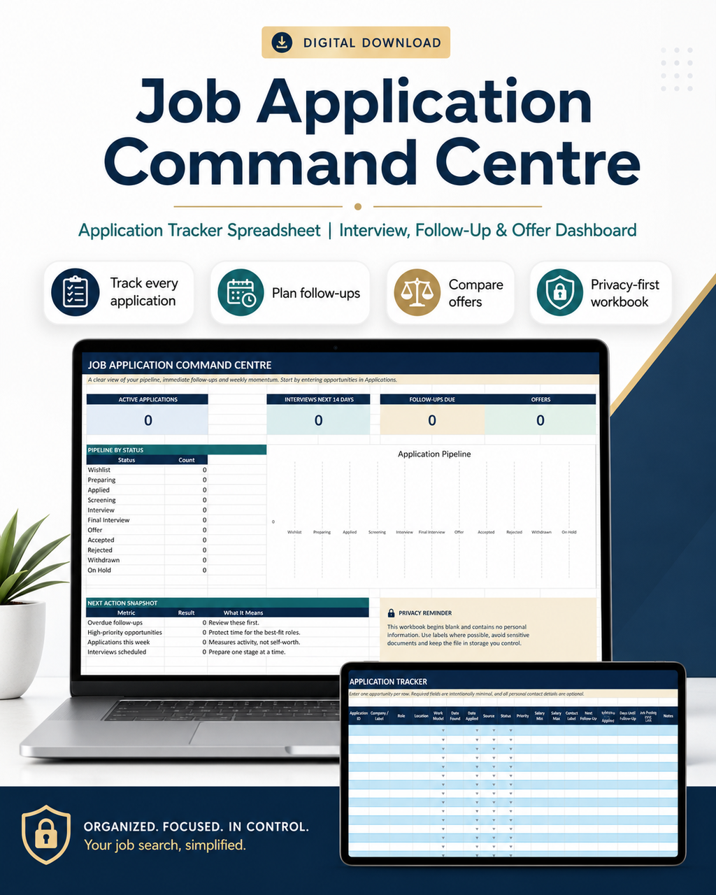 Job Application Command Centre spreadsheet dashboard in a bold navy and teal promotional design