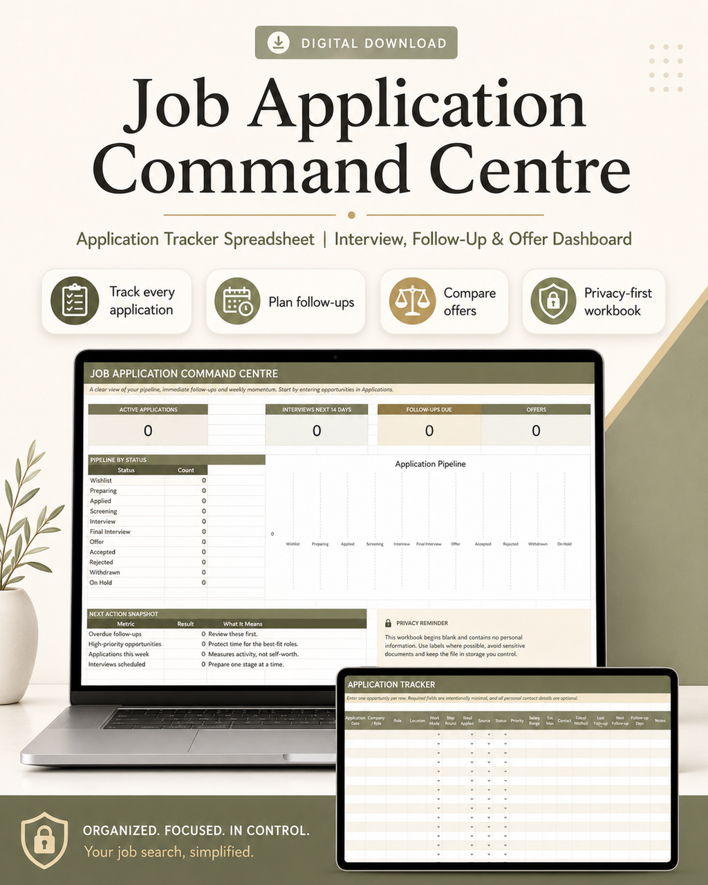 Job Application Command Centre spreadsheet dashboard in the Verolane cream, sage and olive colour palette