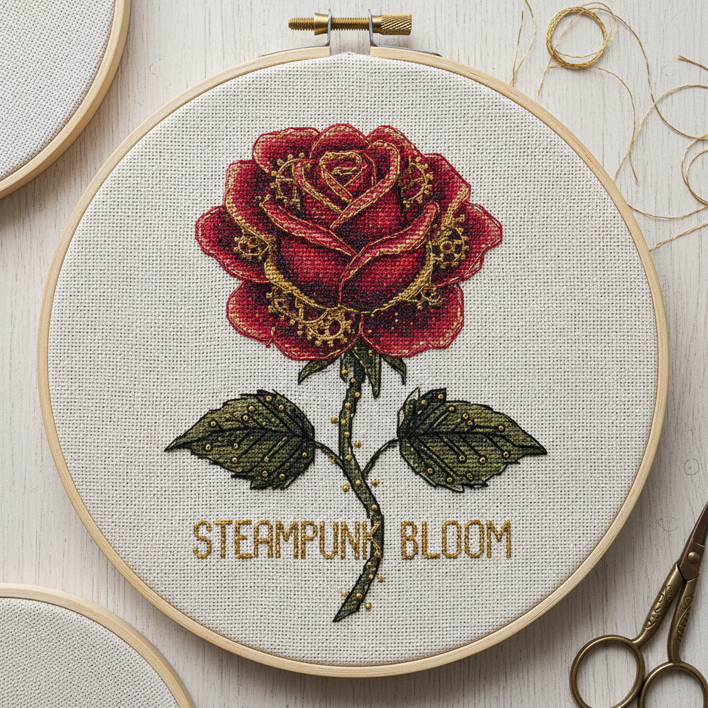 Mechanical Flora steampunk rose cross stitch pattern