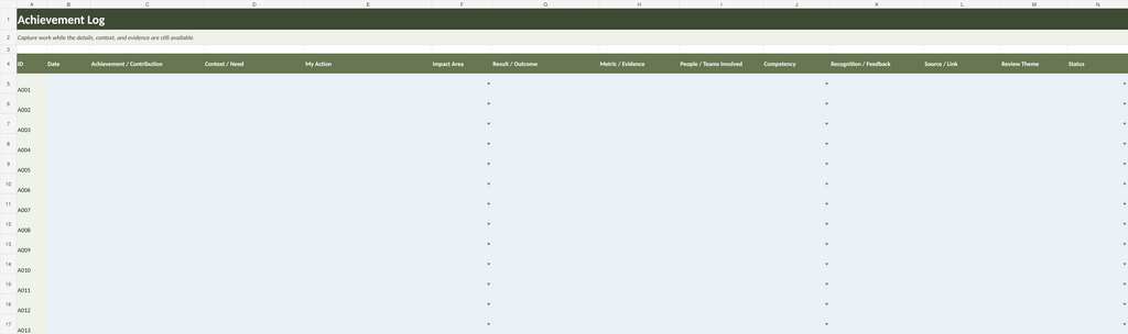 Achievement log workbook preview