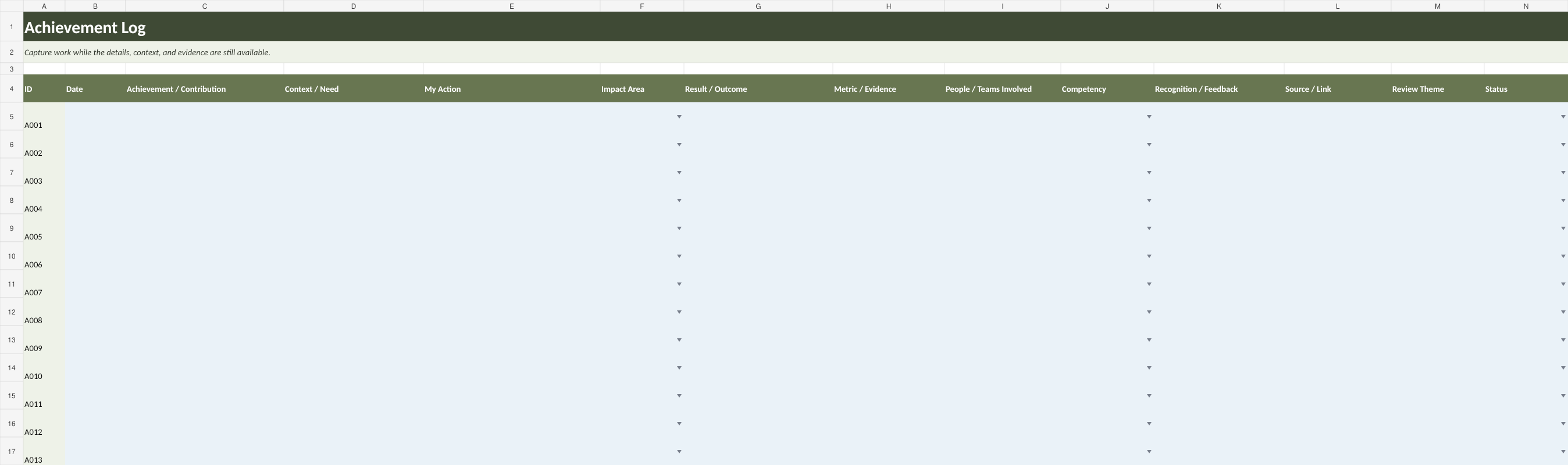 Achievement log workbook preview