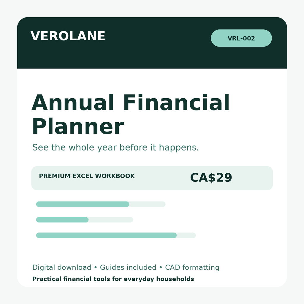 Verolane Annual Financial Planner Excel workbook cover for 12-month budgeting and cash flow planning.
