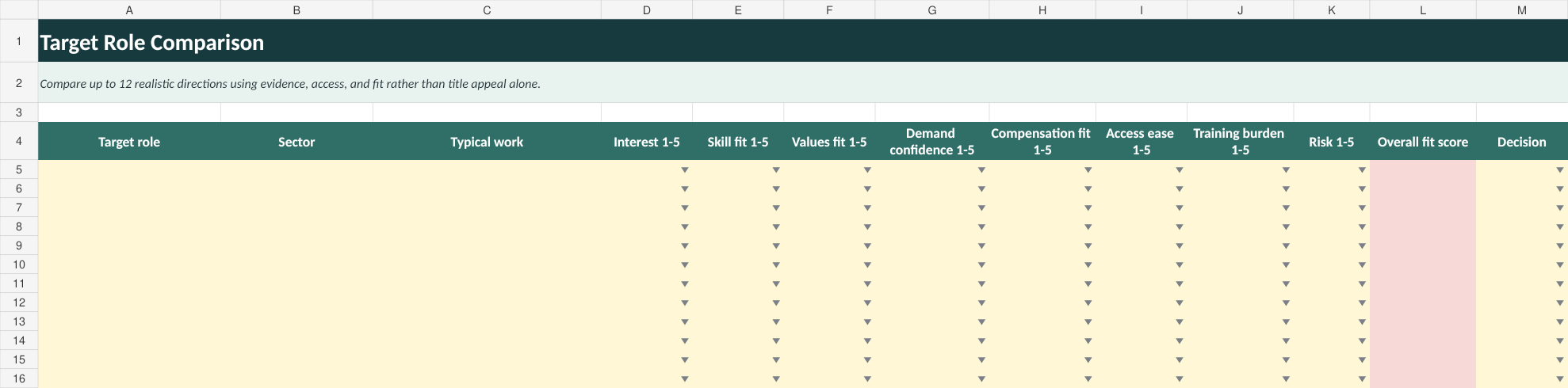 Target role comparison workbook preview