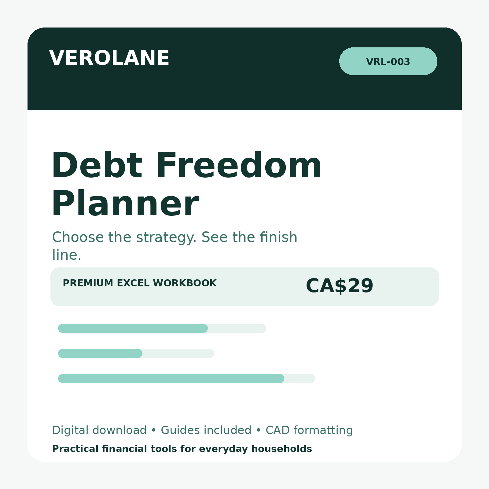 Verolane Debt Freedom Planner Excel workbook cover with snowball and avalanche payoff tracking.