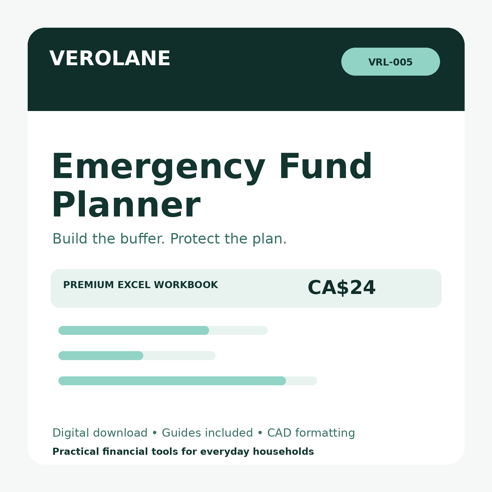 Verolane Emergency Fund Planner Excel workbook cover for emergency savings and coverage tracking.