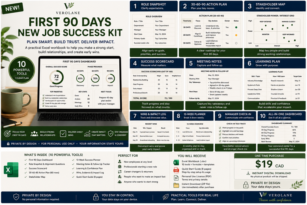Verolane First 90 Days New Job Success Kit Excel workbook cover