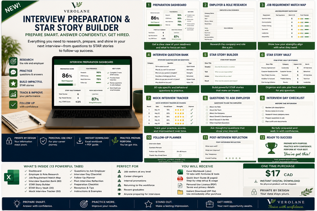 Verolane Interview Preparation and STAR Story Builder digital workbook