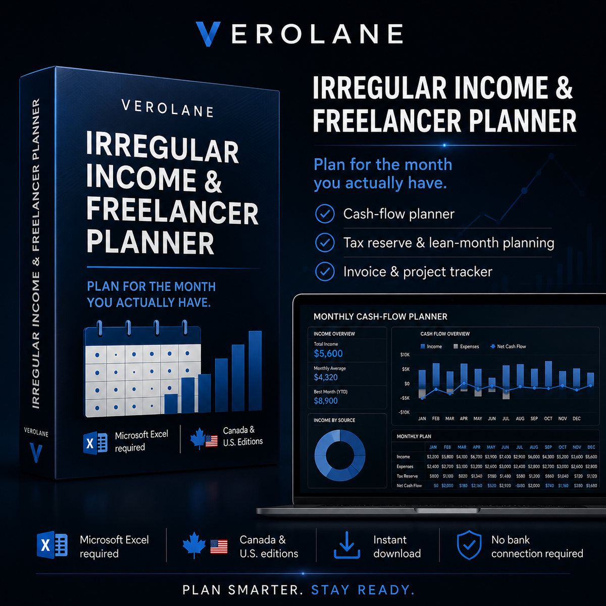 Verolane Irregular Income and Freelancer Planner Excel Workbook for Canada and U.S. editions