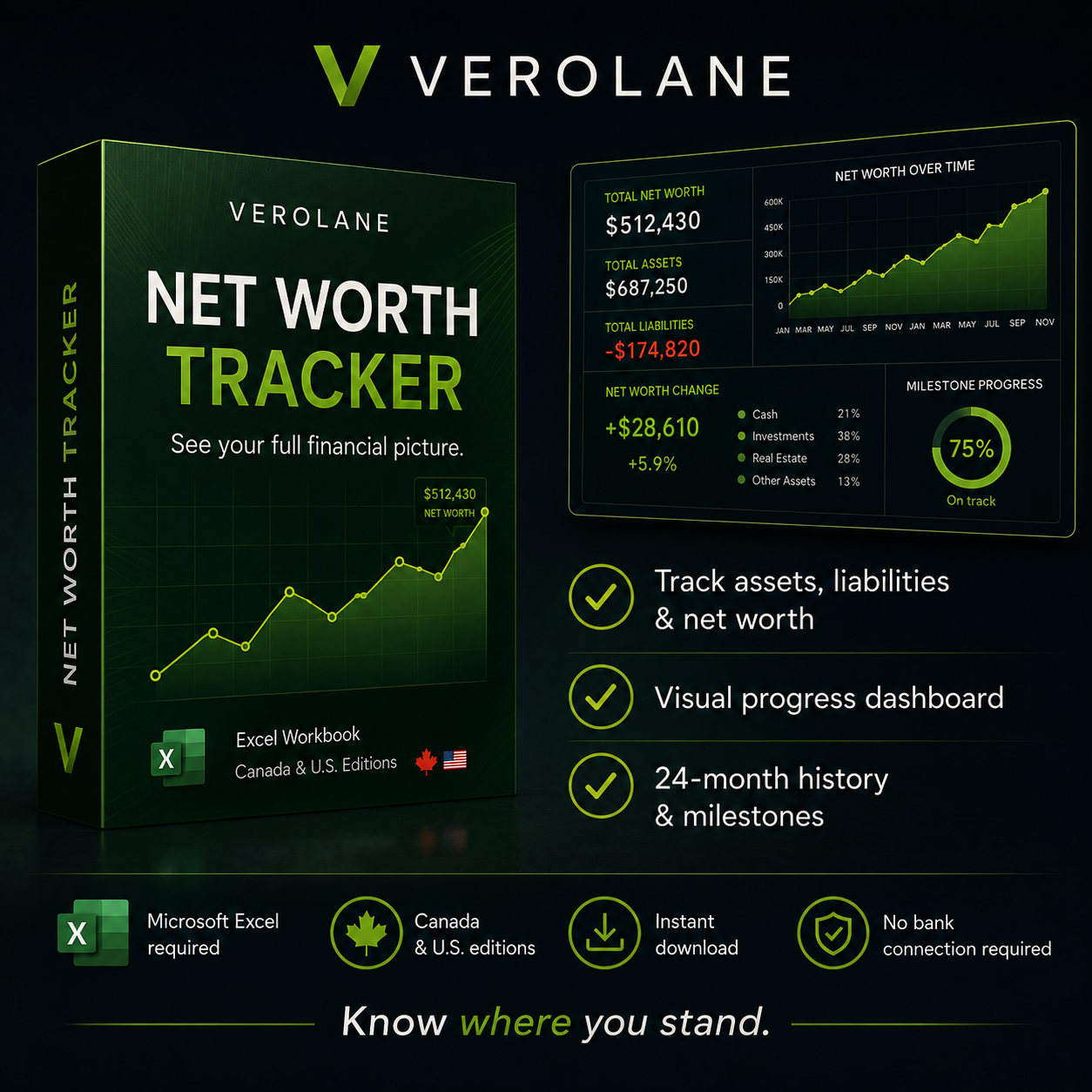 Verolane Net Worth Tracker and Progress Dashboard Excel Workbook for Canada and U.S. editions