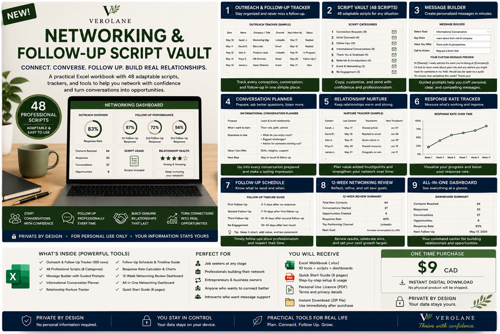 Verolane Networking and Follow-Up Script Vault Excel workbook cover