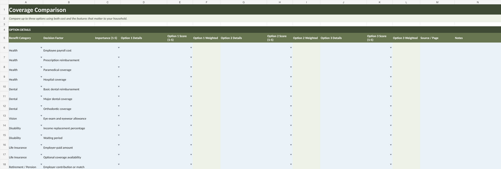 New Job Benefits Decision Organizer coverage comparison worksheet preview