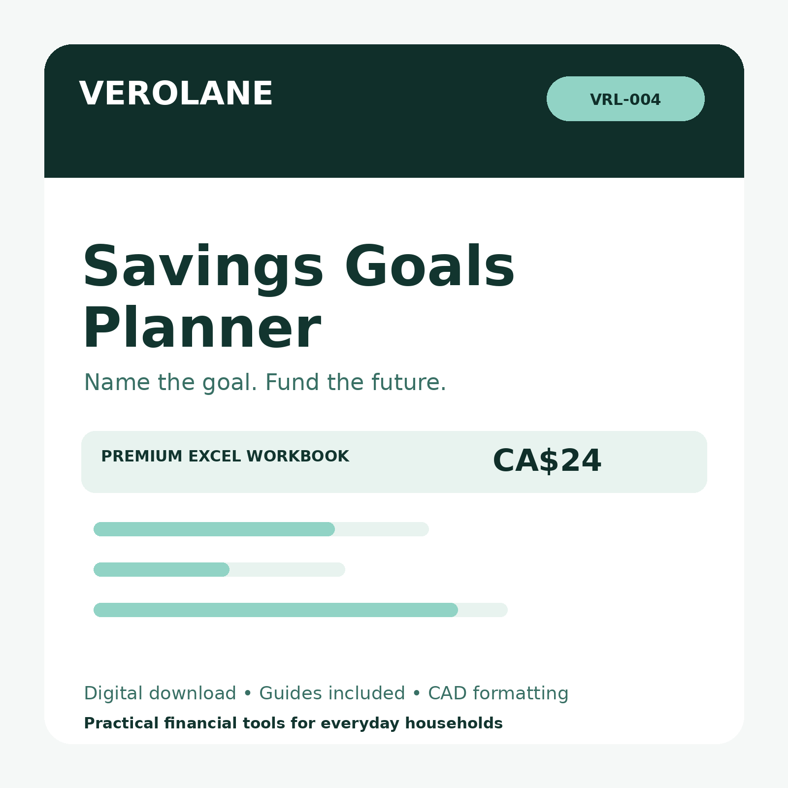 Verolane Savings Goals Planner Excel workbook cover for goals and sinking funds.