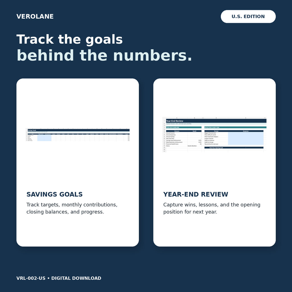Savings goals and year-end review worksheets in the Verolane U.S. Annual Financial Planner.