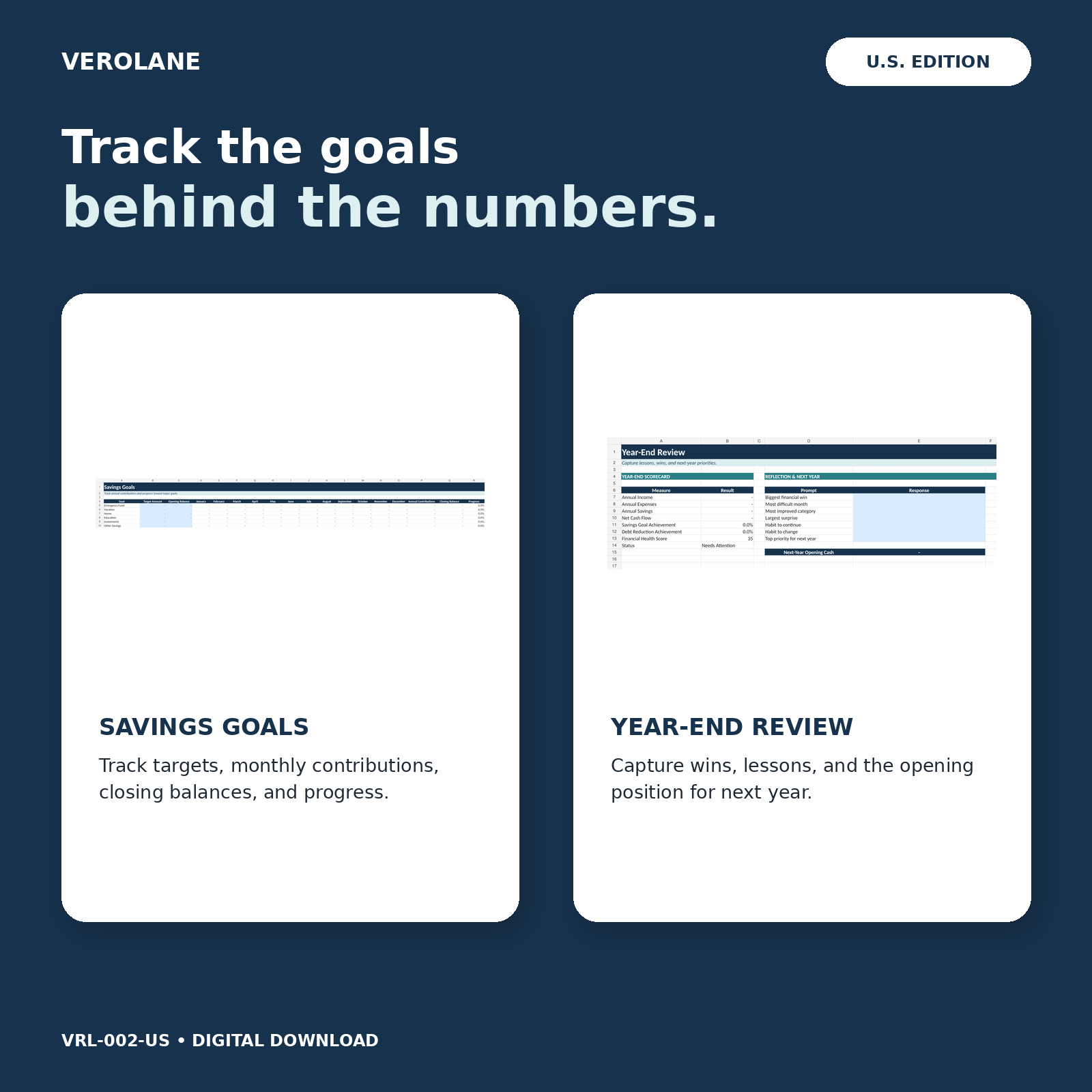 Savings goals and year-end review worksheets in the Verolane U.S. Annual Financial Planner.