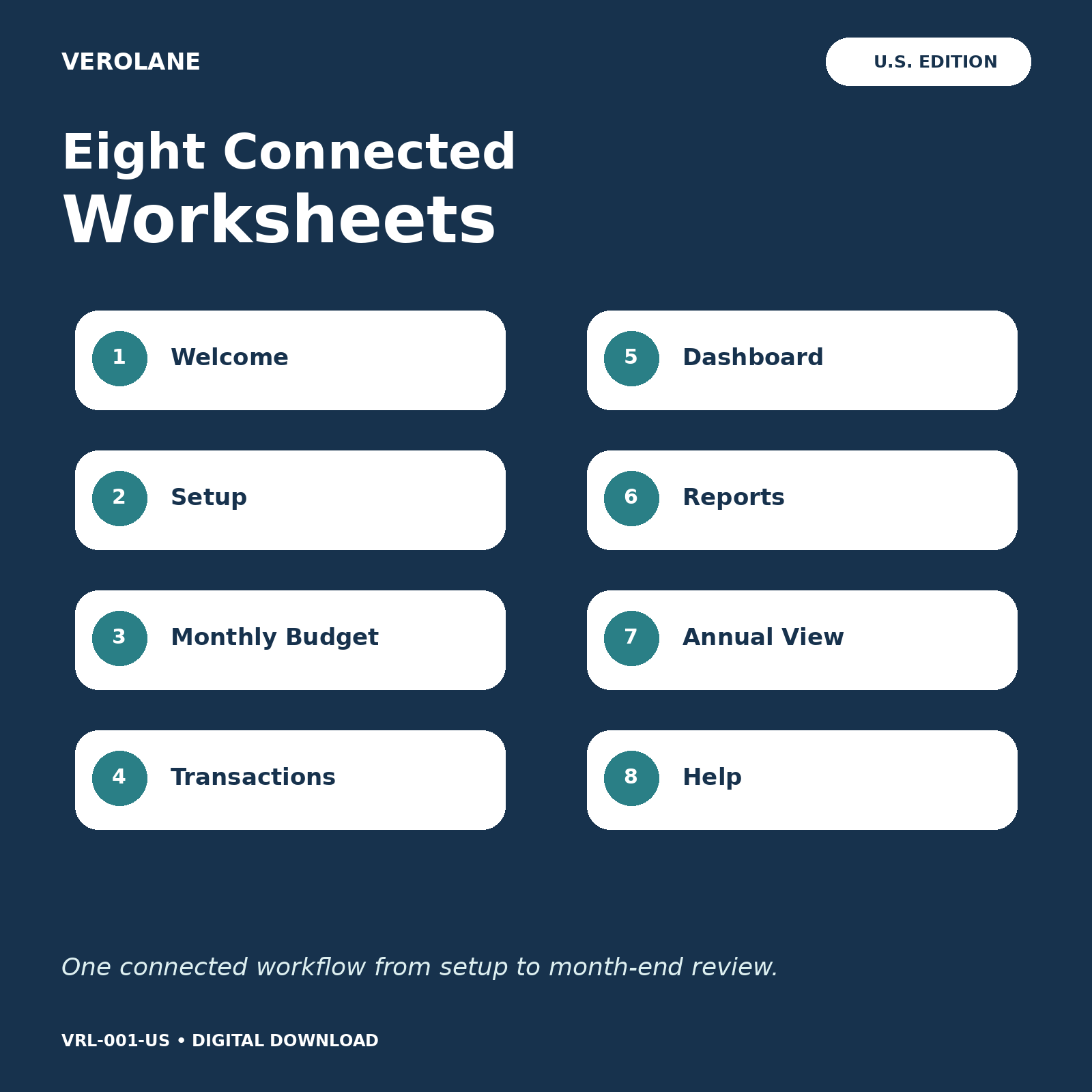 Eight connected worksheets included in the Verolane monthly budget spreadsheet