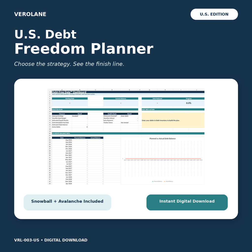 Verolane U.S. Debt Freedom Planner Excel workbook with Debt-Free Dashboard preview.