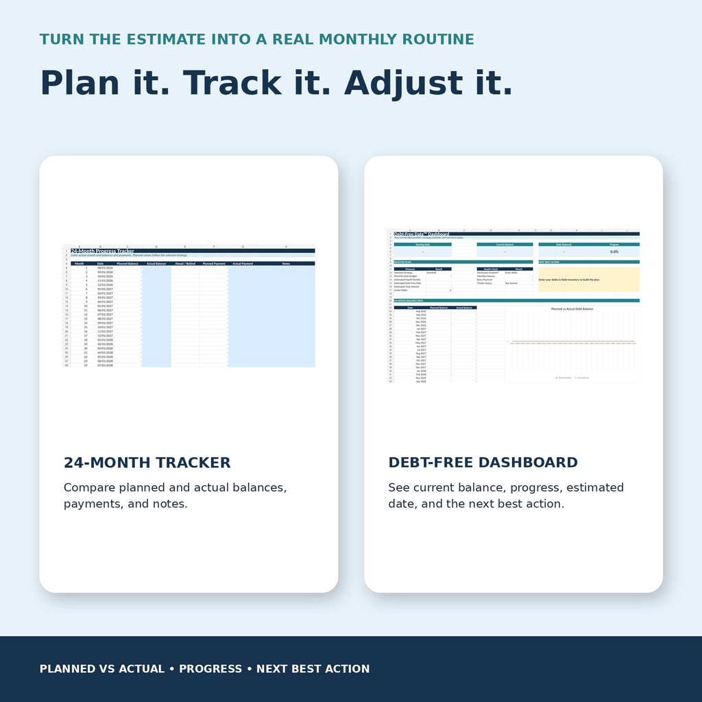 Twenty-four-month debt tracker and Debt-Free Dashboard in the Verolane U.S. Debt Freedom Planner.