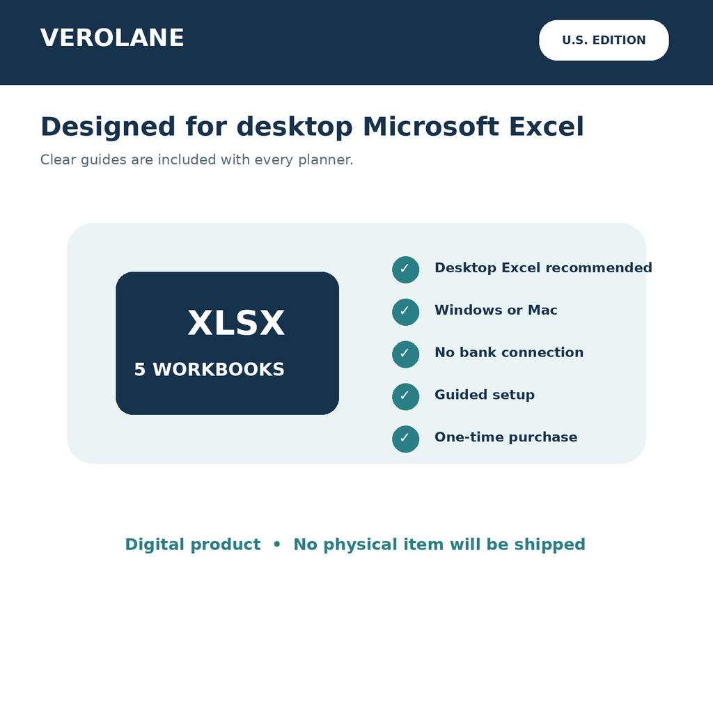 Desktop Microsoft Excel compatibility and digital product details for the Verolane U.S. Foundation Collection.