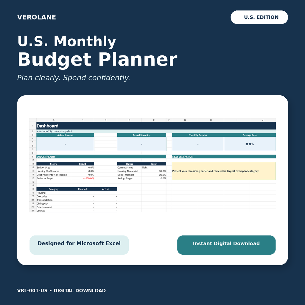 Verolane U.S. Monthly Budget Planner Excel workbook dashboard and cover
