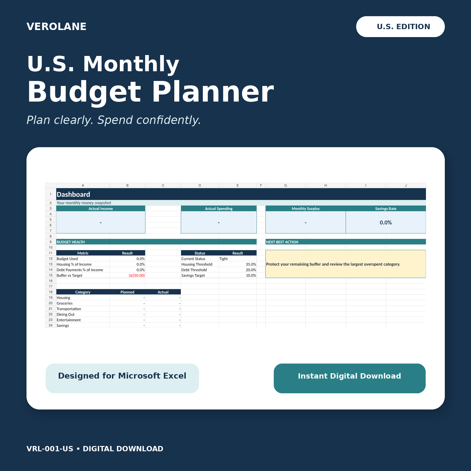 Verolane U.S. Monthly Budget Planner Excel workbook dashboard and cover