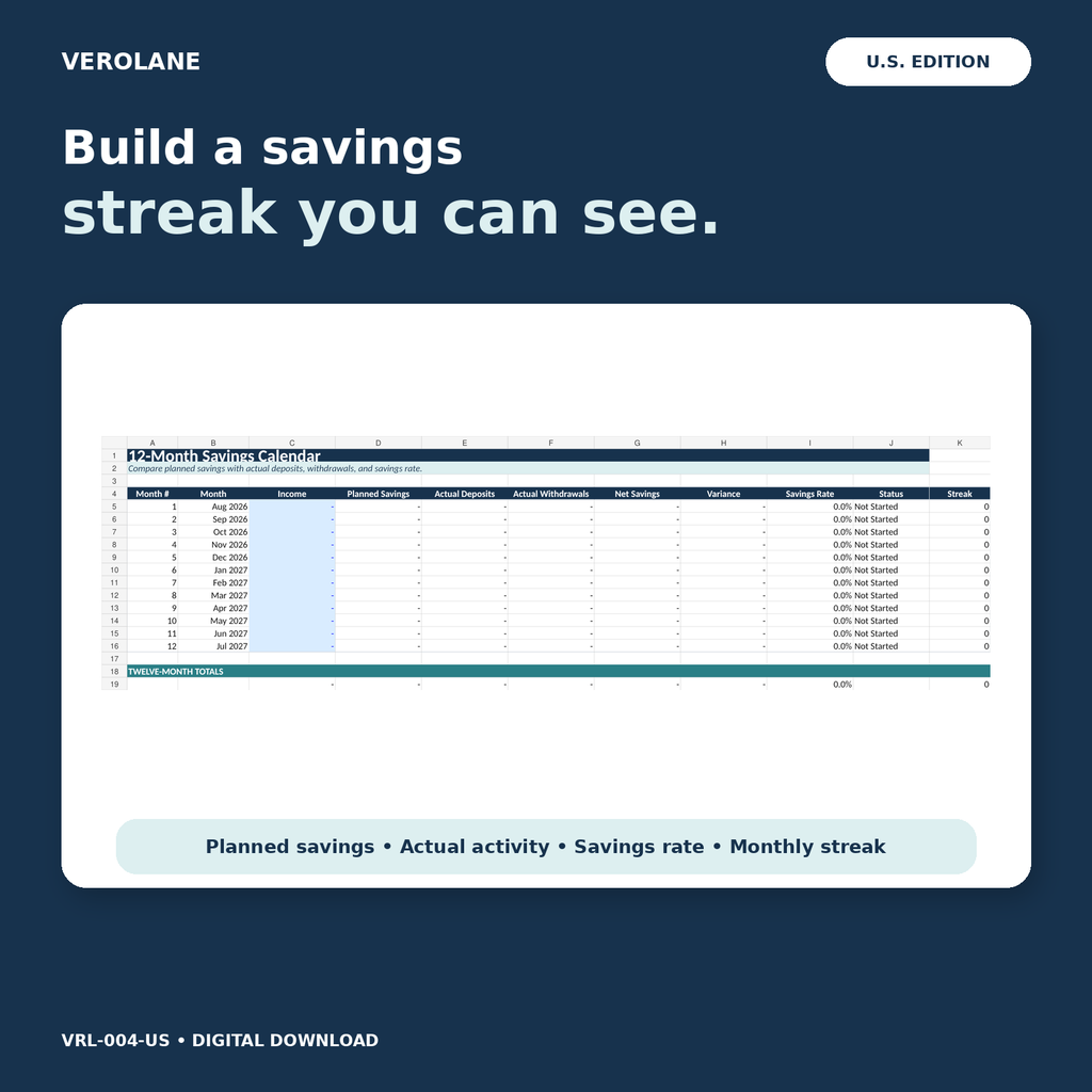 Twelve-month savings calendar with planned savings, actual deposits, savings rate, status, and streak.