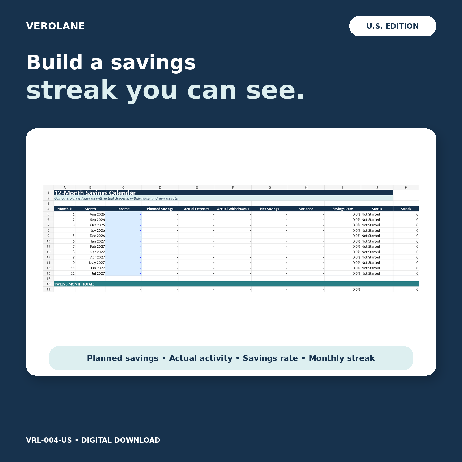 Twelve-month savings calendar with planned savings, actual deposits, savings rate, status, and streak.