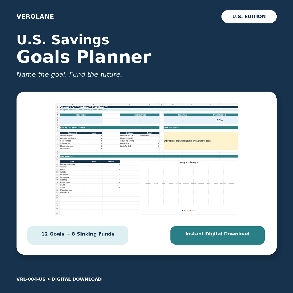 Verolane U.S. Savings Goals Planner Excel workbook dashboard and cover.